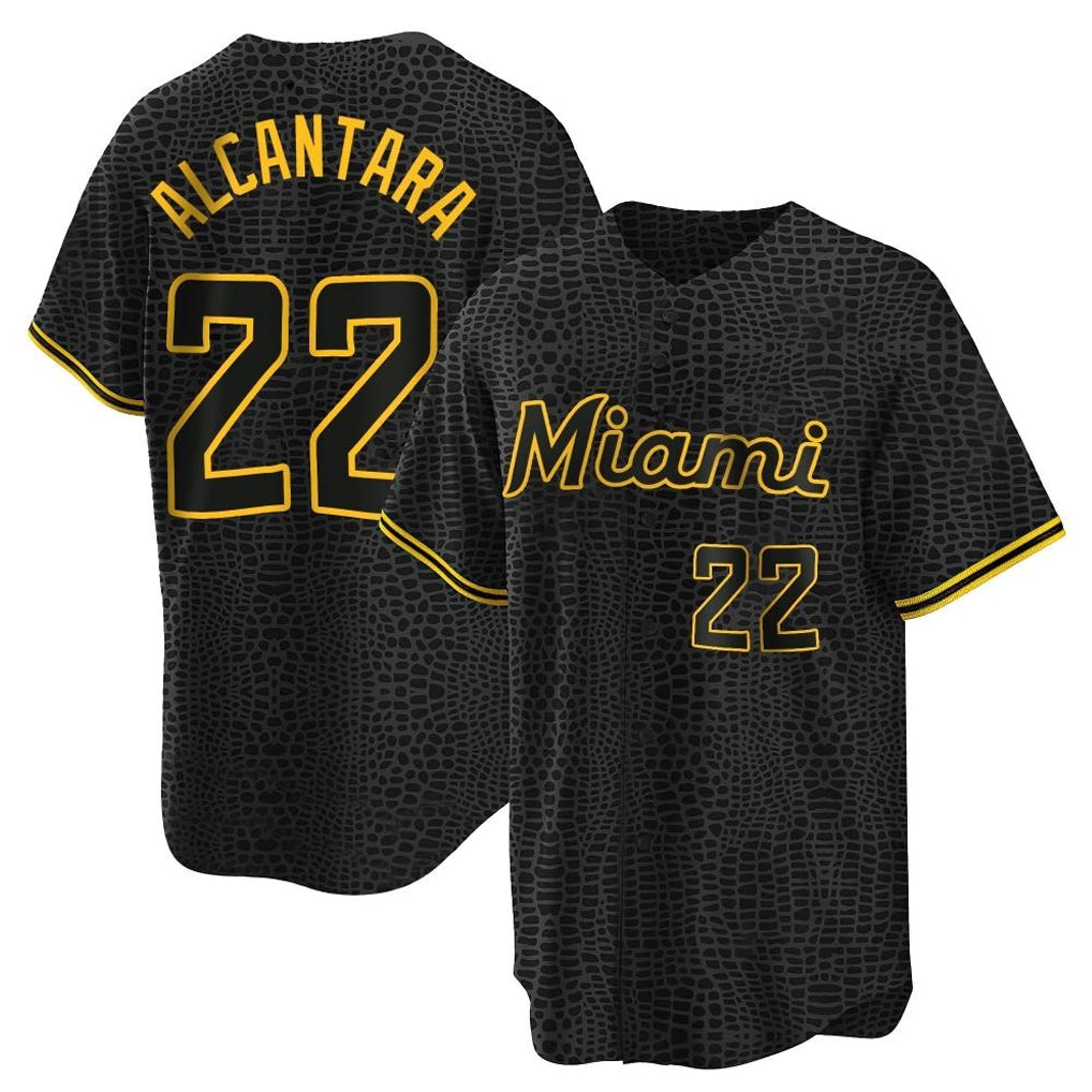 Silnrao M.Marlins #22 Sandy Alcantara Player Black Snake Skin City Home Game Stitched Jerseys