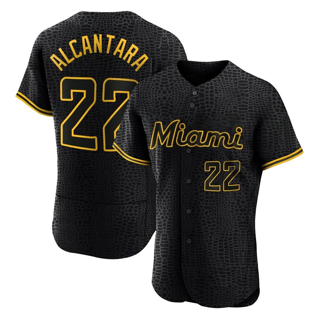 Silnrao M.Marlins #22 Sandy Alcantara Player Black Snake Skin City Home Limited Elite Stitched Jerseys