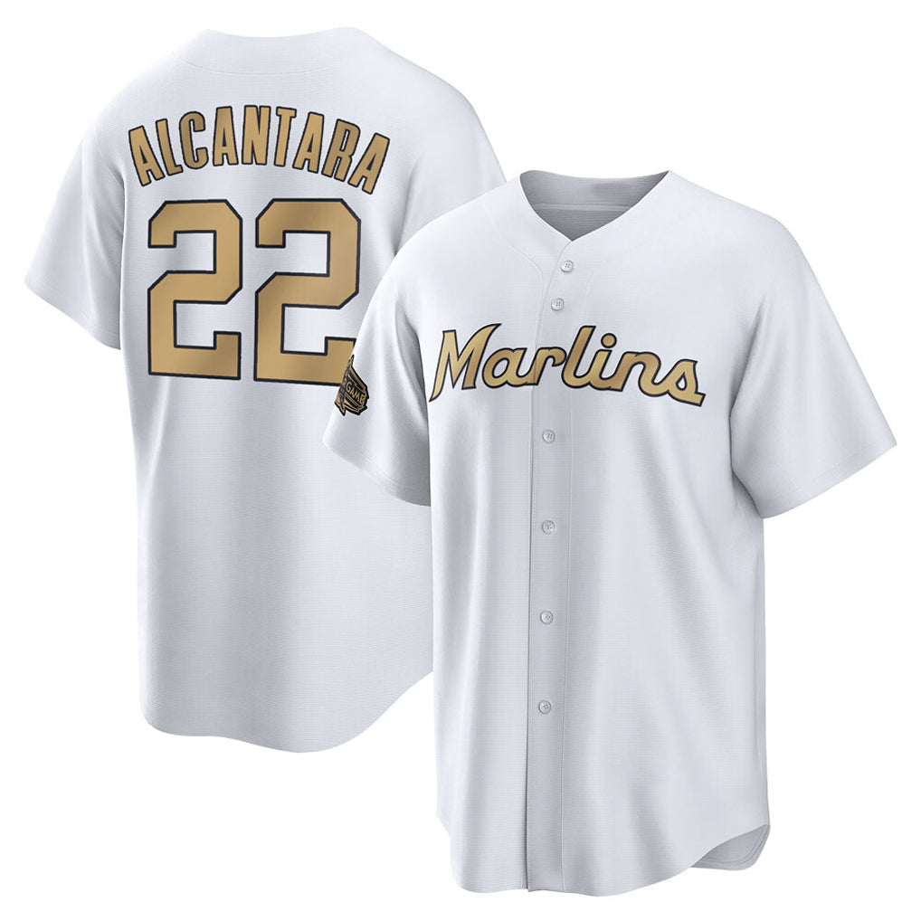 Silnrao M.Marlins #22 Sandy Alcantara Player Gold  Home Game Stitched Jerseys