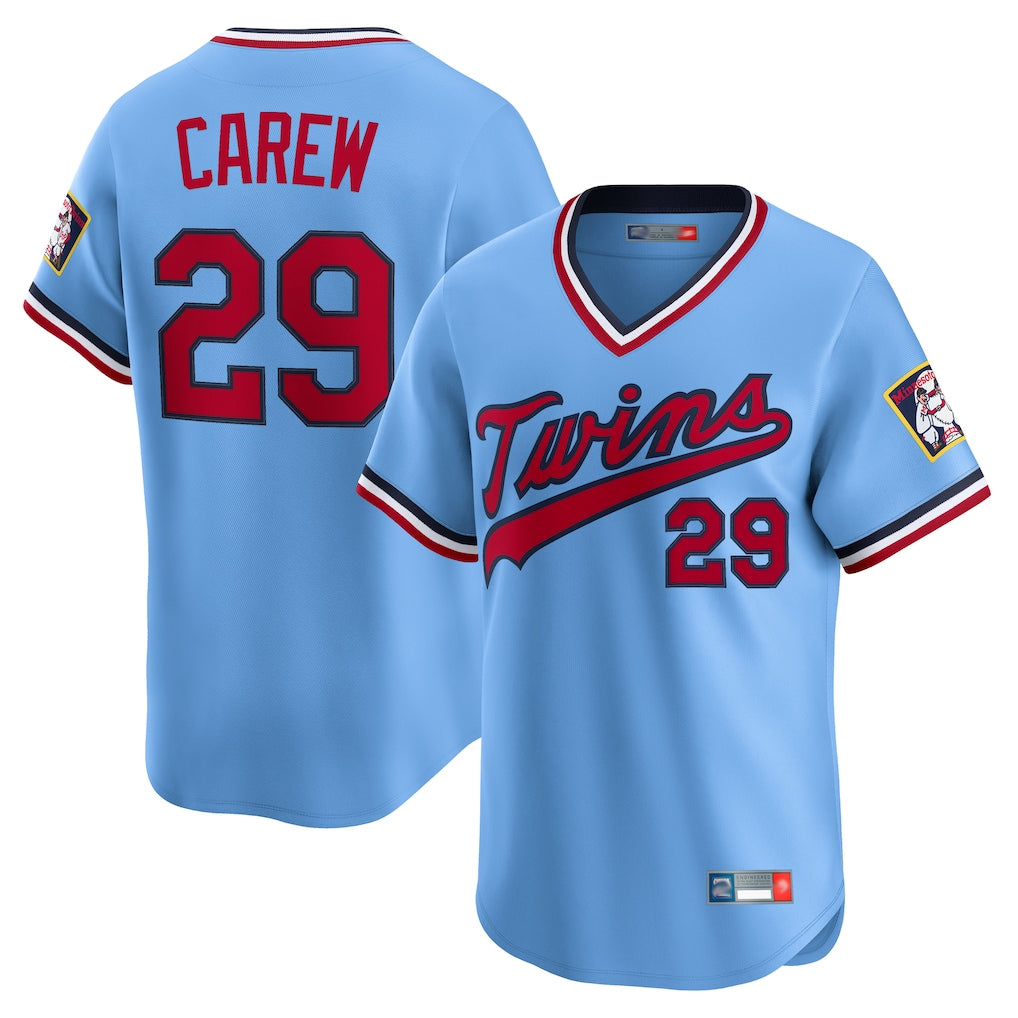 Silnrao M.Twins #29 Rod Carew Player Light Blue Throwback Cooperstown Collection Limited T-shirt Stitched Jerseys