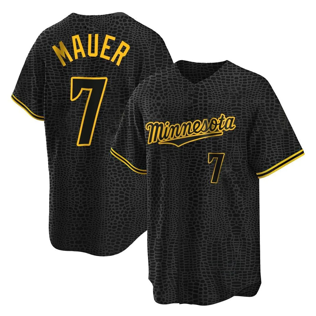 Silnrao M.Twins #7 Joe Mauer Player Black Snake Skin City Home Game Stitched Jerseys