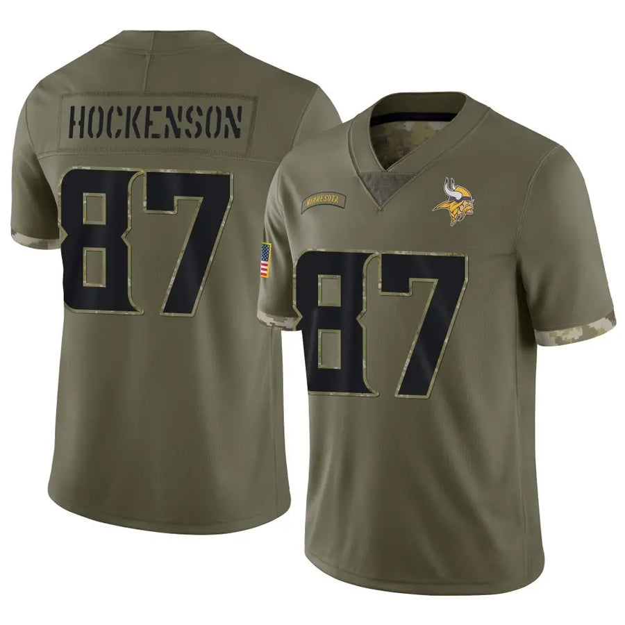 Silnrao MN.Vikings #87 T.J. Hockenson Player Salute To Service Limited Olive Stitched Jerseys