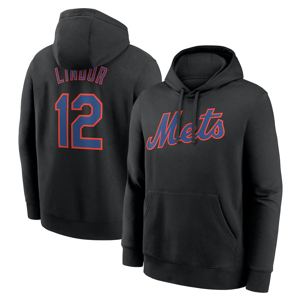 Silnrao NY.Mets #12 Francisco Lindor Player Black Club Pullover Hoodie Game Stitched Jerseys