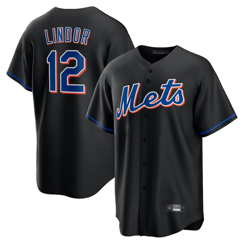 Silnrao NY.Mets #12 Francisco Lindor Player Black Replica Home Game Stitched Jerseys