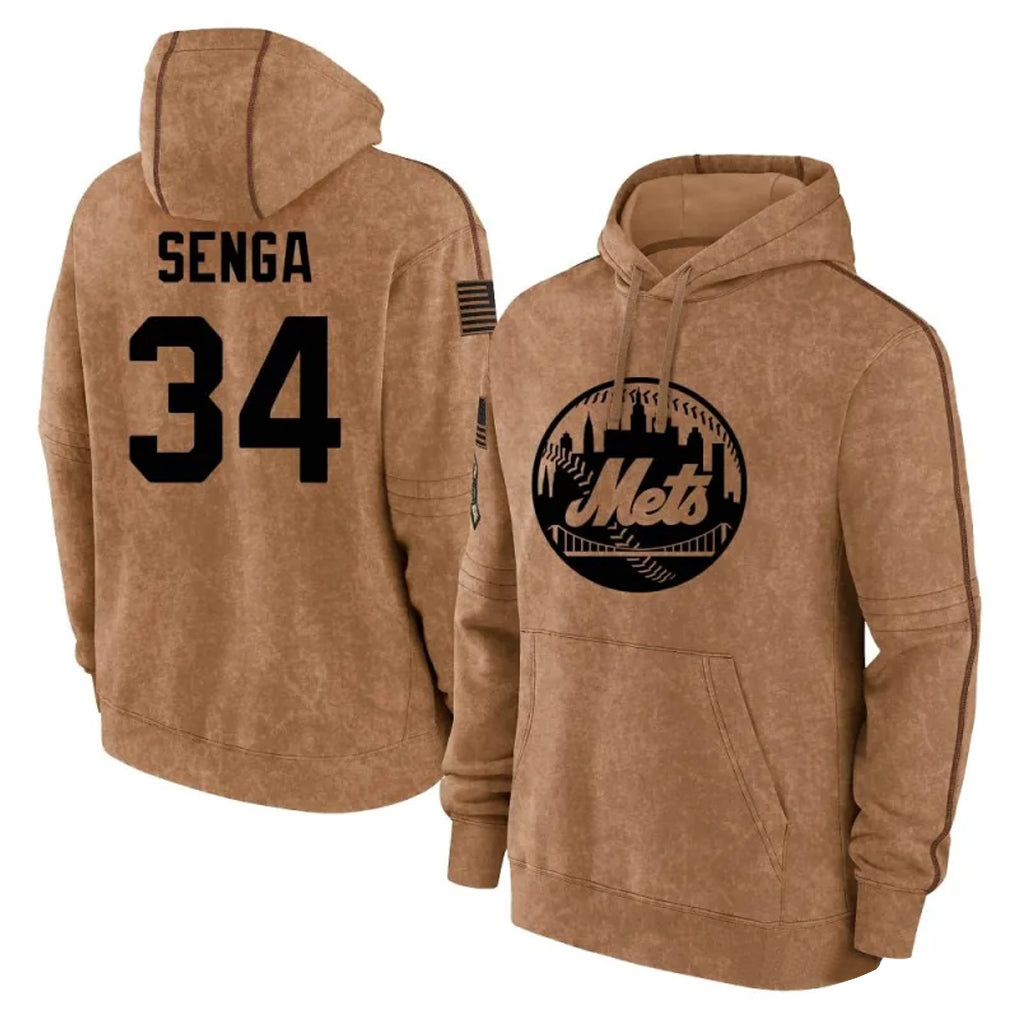 Silnrao NY.Mets #34 Kodai Senga Player Brown Club Pullover Hoodie Game Stitched Jerseys