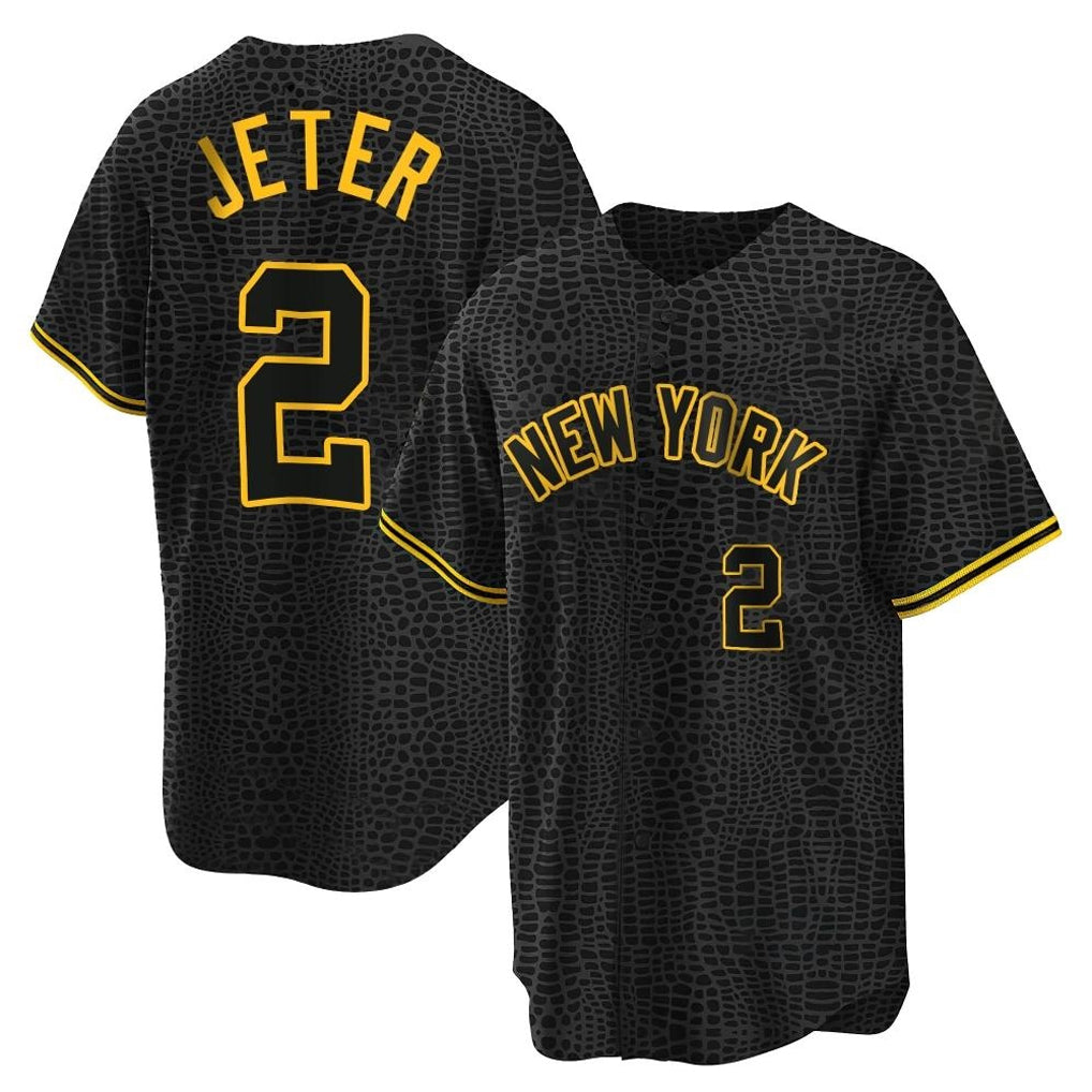 Silnrao  NY.Yankees #2 Derek Jeter Player Black Snake Skin City Game Home Stitched Jerseys