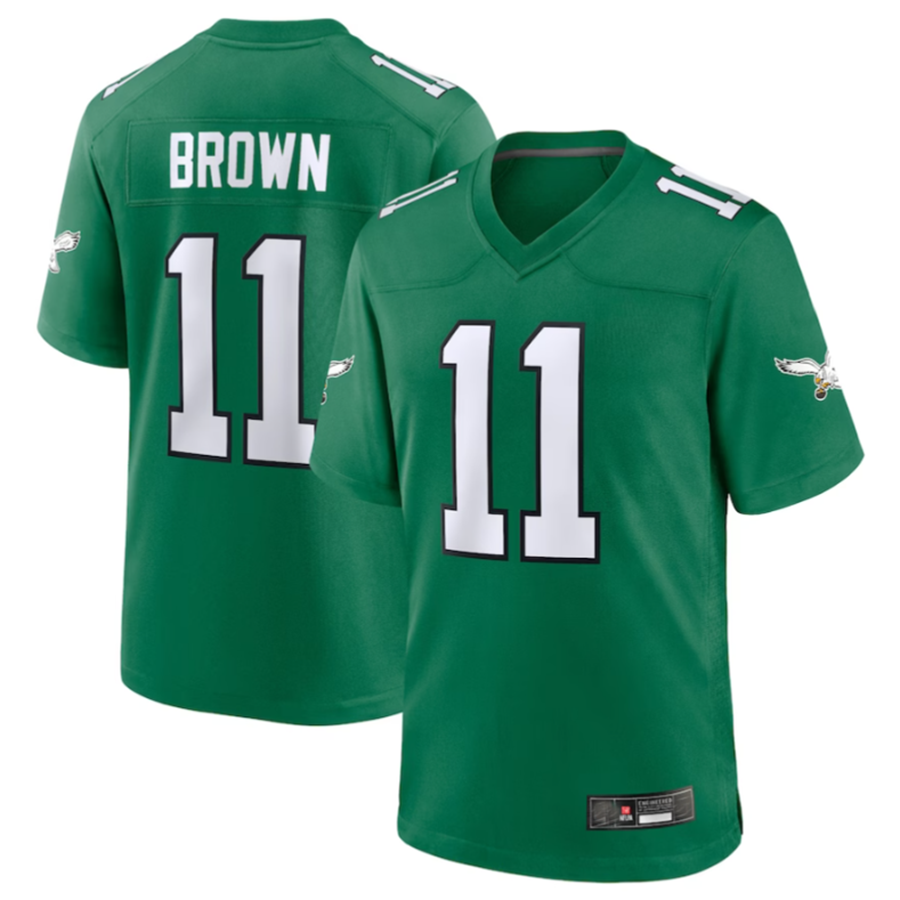 Silnrao P.Eagles #11 A.J. Brown Green Alternate Game Player Jersey Stitched American Stitched Jerseys