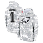 Silnrao P.Eagles #1 Jalen Hurts Player Military Hoodie Arctic Camo Salute To Service Stitched Jerseys