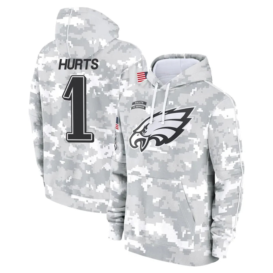 Silnrao P.Eagles #1 Jalen Hurts Player Military Hoodie Arctic Camo Salute To Service Stitched Jerseys