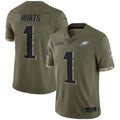 Silnrao P.Eagles #1 Jalen Hurts Player Salute To Service Olive Stitched Jerseys
