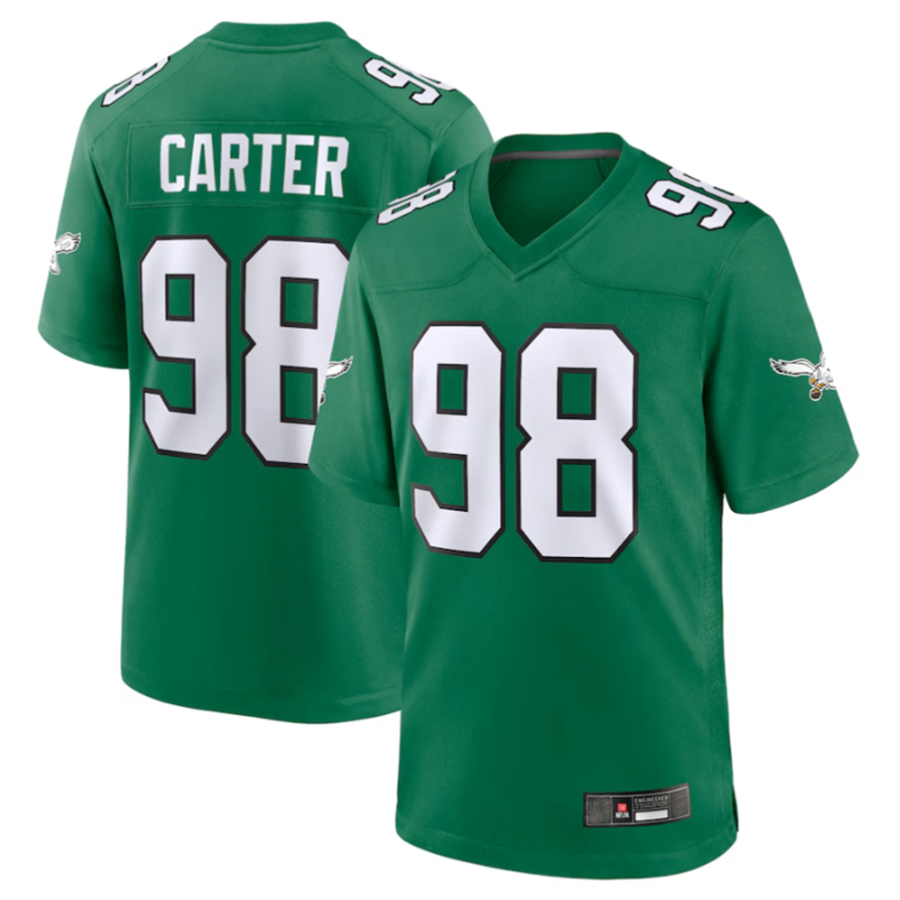 Silnrao P.Eagles #98 Jalen Carter Green Alternate Game Jersey Stitched American Stitched Jerseys