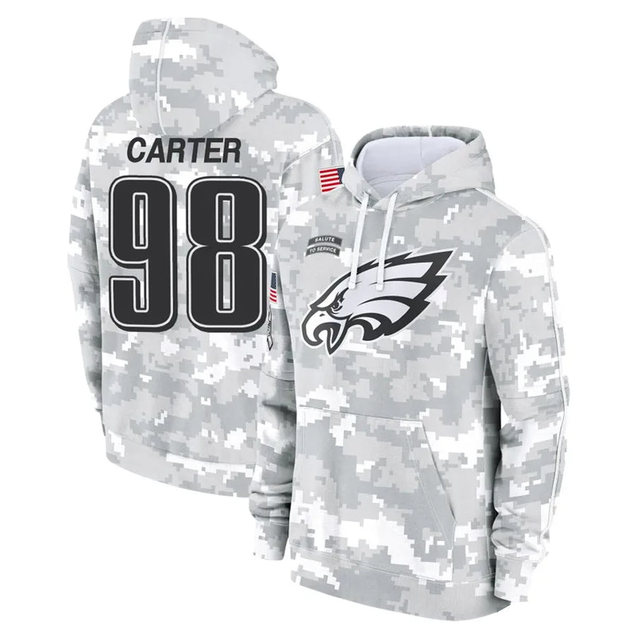 Silnrao P.Eagles #98 Jalen Carter Player Military Hoodie Arctic Camo Salute To Service Stitched Jerseys