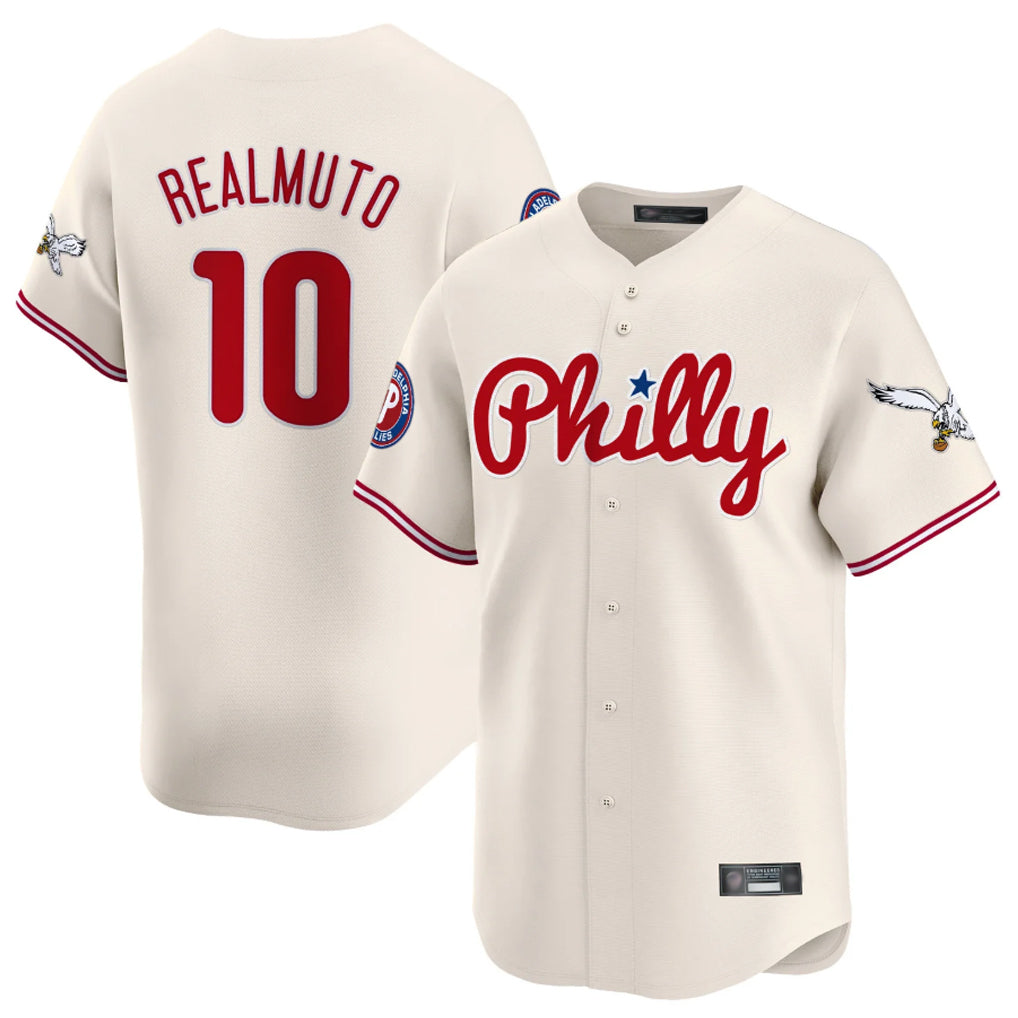 Silnrao P.Phillies #10 J.T. Realmuto Player Cream Phillies & Eagles Vapor Premier Limited Stitched Jerseys