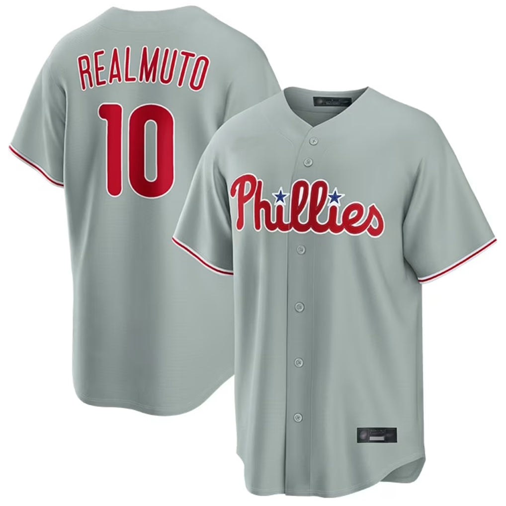 Silnrao P.Phillies #10 J.T. Realmuto Player Gray Home Game Stitched Jerseys