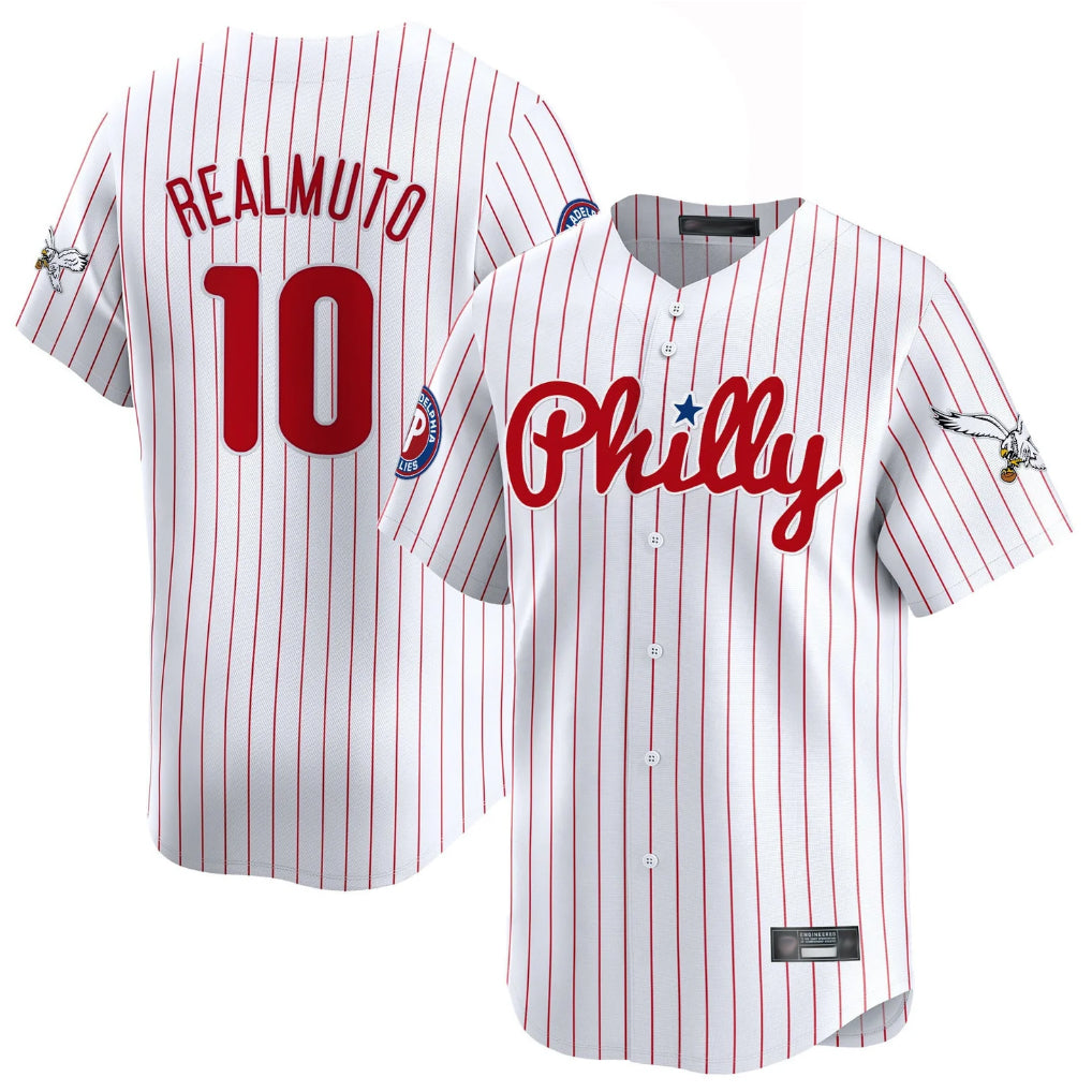 Silnrao P.Phillies #10 J.T. Realmuto Player White Pinstripe Phillies & Eagles Vapor Premier Limited Stitched Jerseys
