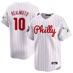 Silnrao P.Phillies #10 J.T. Realmuto Player White Pinstripe Phillies & Eagles Vapor Premier Limited Stitched Jerseys