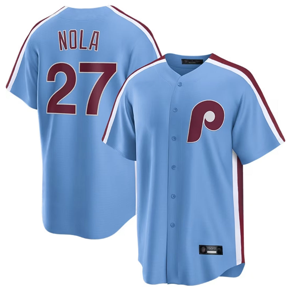 Silnrao  P.Phillies #27 Aaron Nola Player Light Blue Home Game Stitched Jerseys