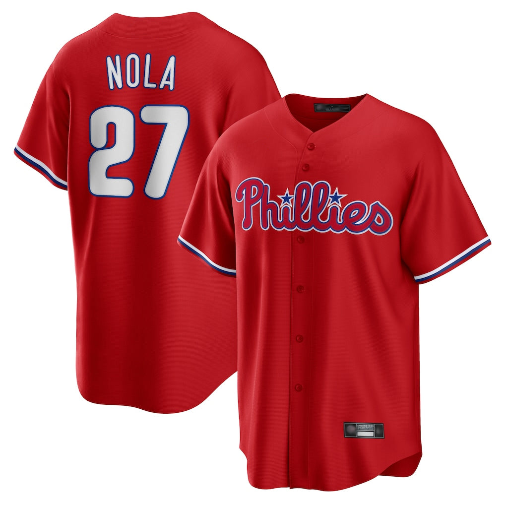 Silnrao  P.Phillies #27 Aaron Nola Player Red Home Game Stitched Jerseys