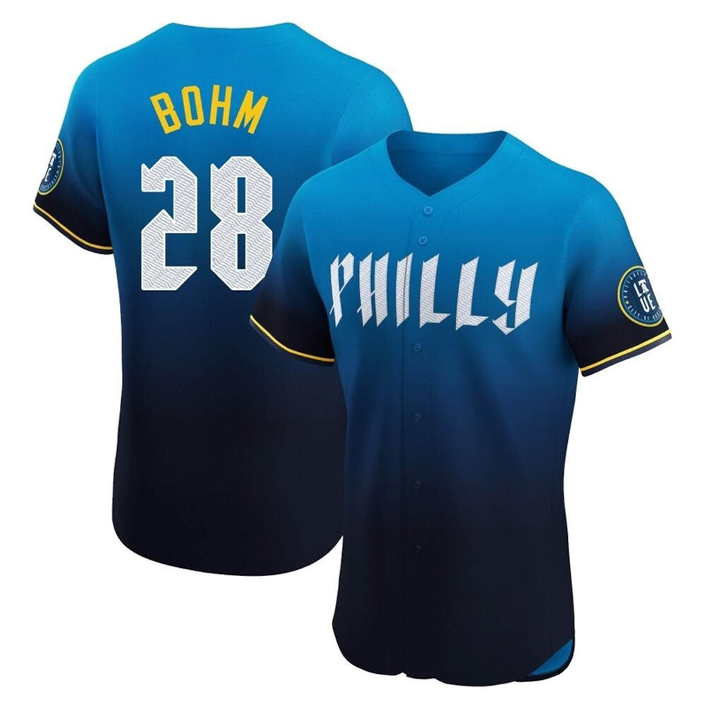 Silnrao  P.Phillies #28 Alec Bohm Player Blue City Connect Home Limited Elite Stitched Jerseys