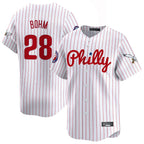 Silnrao  P.Phillies #28 Alec Bohm Player White Pinstripe Phillies & Eagles Vapor Premier Limited Stitched Jerseys