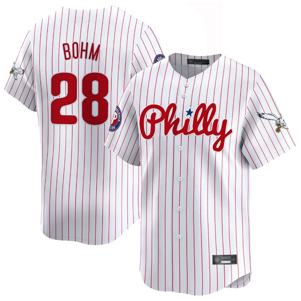 Silnrao  P.Phillies #28 Alec Bohm Player White Pinstripe Phillies & Eagles Vapor Premier Limited Stitched Jerseys