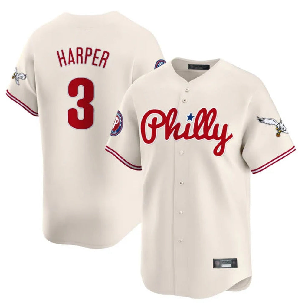Silnrao P.Phillies #3 Bryce Harper Player Cream Phillies & Eagles Vapor Premier Limited Stitched Jerseys