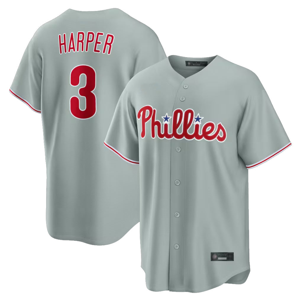 Silnrao P.Phillies #3 Bryce Harper Player Gray Home Game Stitched Jerseys