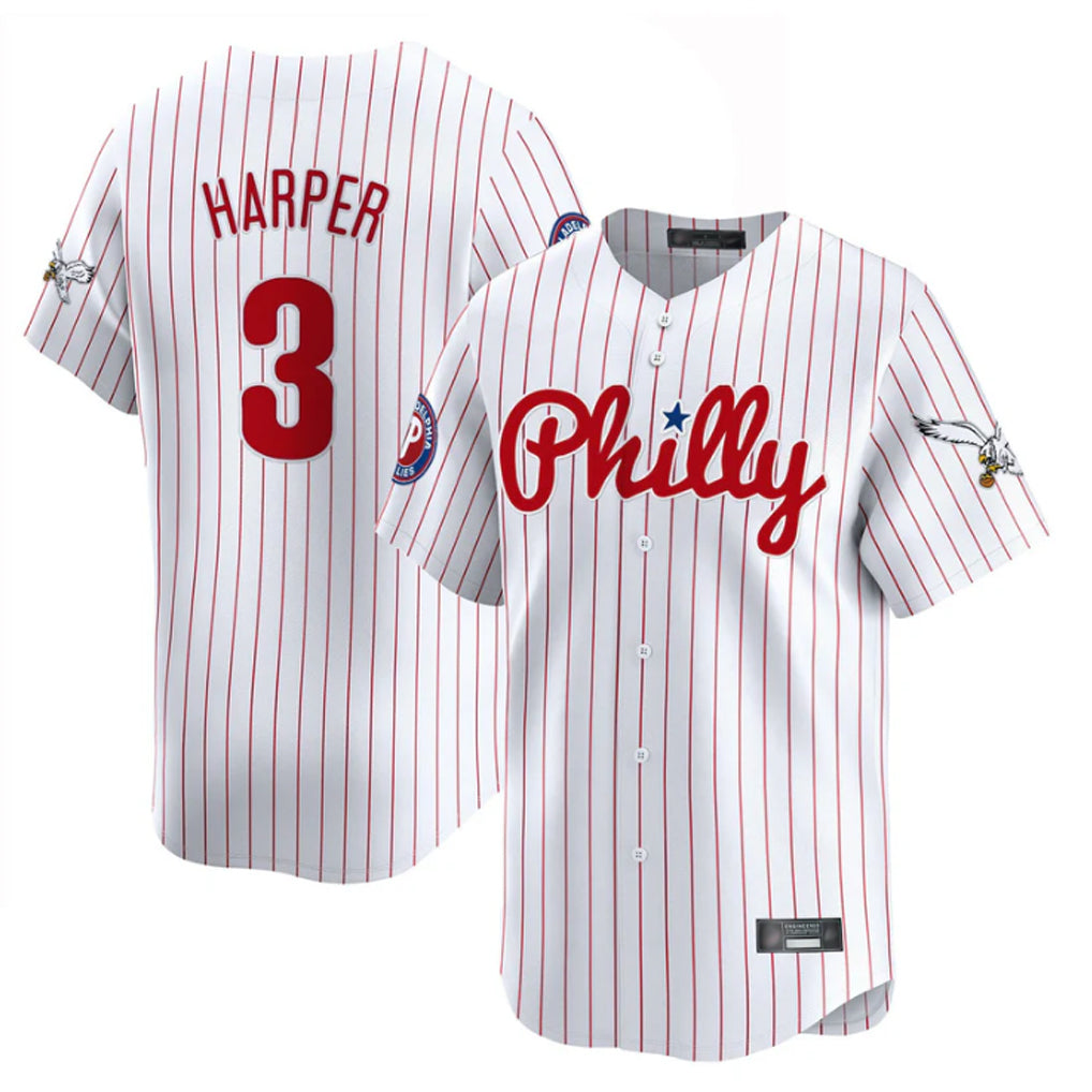 Silnrao P.Phillies #3 Bryce Harper Player White Pinstripe Phillies & Eagles Vapor Premier Limited Stitched Jerseys