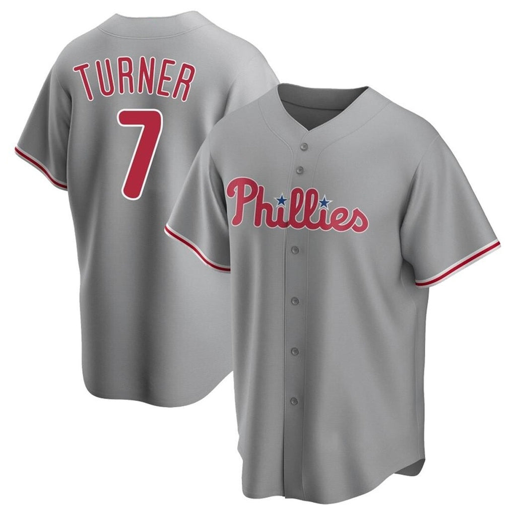 Silnrao P.Phillies #7 Trea Turner Player Gray Home Game Stitched Jerseys