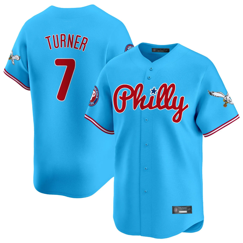 Silnrao P.Phillies #7 Trea Turner Player Light Blue Phillies & Eagles Vapor Premier Limited Stitched Jerseys
