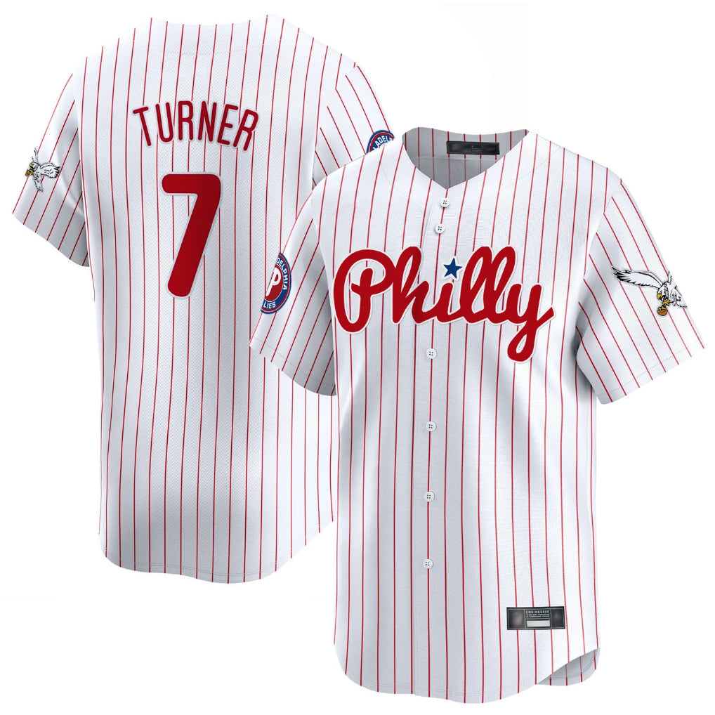 Silnrao P.Phillies #7 Trea Turner Player White Pinstripe Phillies & Eagles Vapor Premier Limited Stitched Jerseys