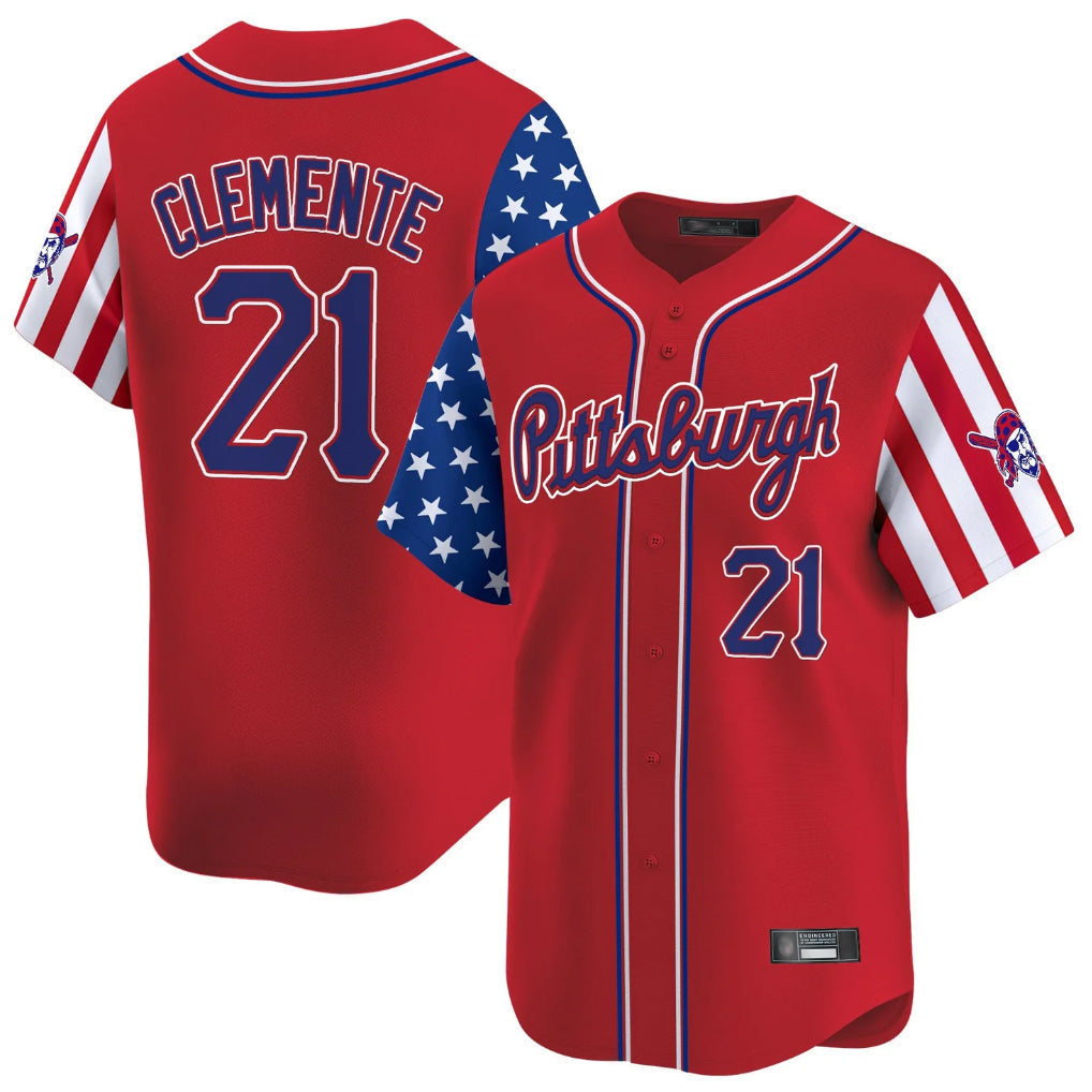 Silnrao P.Pirates #21 Roberto Clemente Player Red 2025 Independence Day Vapor Premier Limited Stitched Jerseys