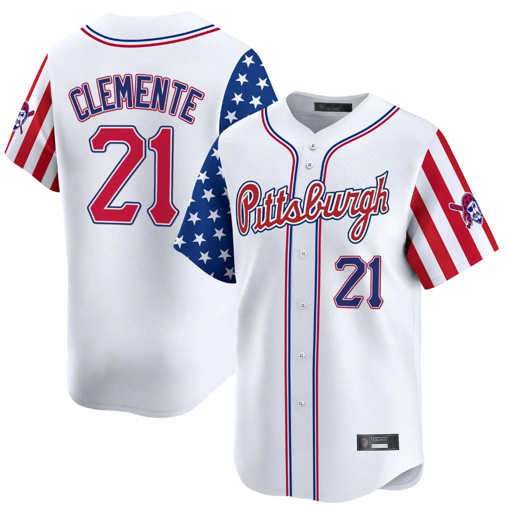 Silnrao P.Pirates #21 Roberto Clemente Player White 2025 Independence Day Vapor Premier Limited Stitched Jerseys