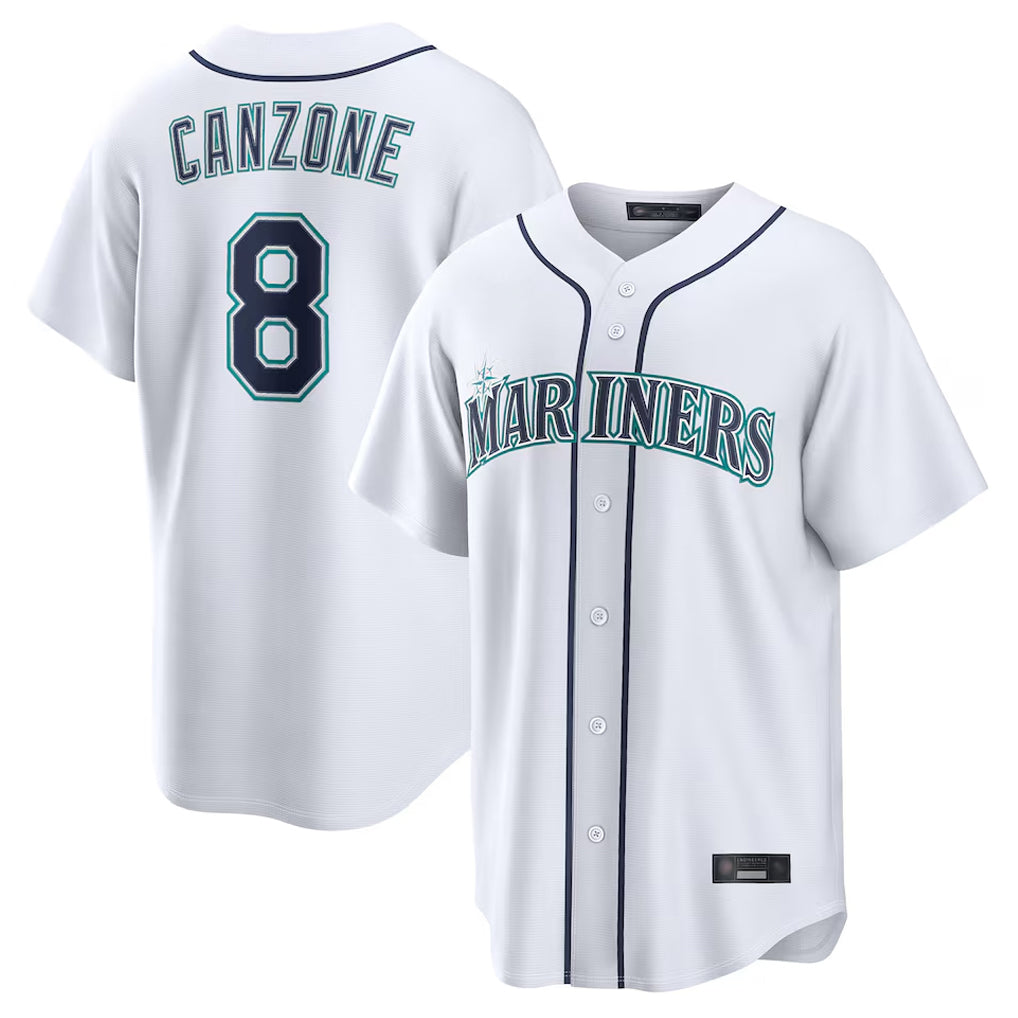 Silnrao S.Mariners #8 Dominic Canzone Player White Home Game Stitched Jerseys