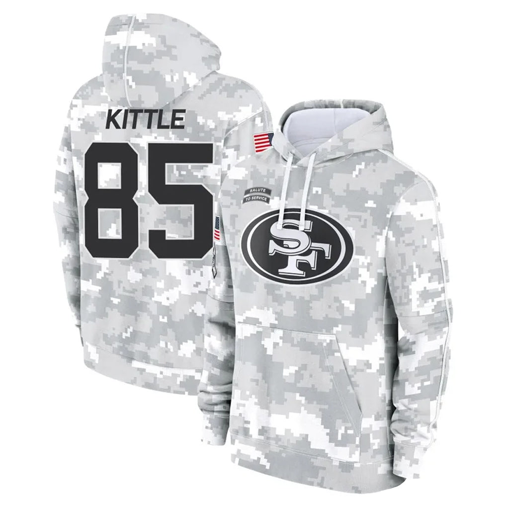 Silnrao SF.49ers #85 George Kittle Player Arctic Camo Salute to Service Hoodies Stitched Jerseys