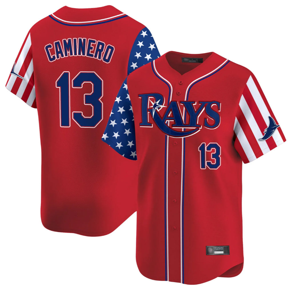 Silnrao T.Bay Rays #13 Junior Caminero Player Red 2025 Independence Day Vapor Premier Limited Stitched Jerseys