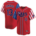 Silnrao T.Bay Rays #13 Junior Caminero Player Red 2025 Independence Day Vapor Premier Limited Stitched Jerseys