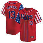 Silnrao T.Bay Rays #13 Junior Caminero Player Red 2025 Independence Day Vapor Premier Limited Stitched Jerseys