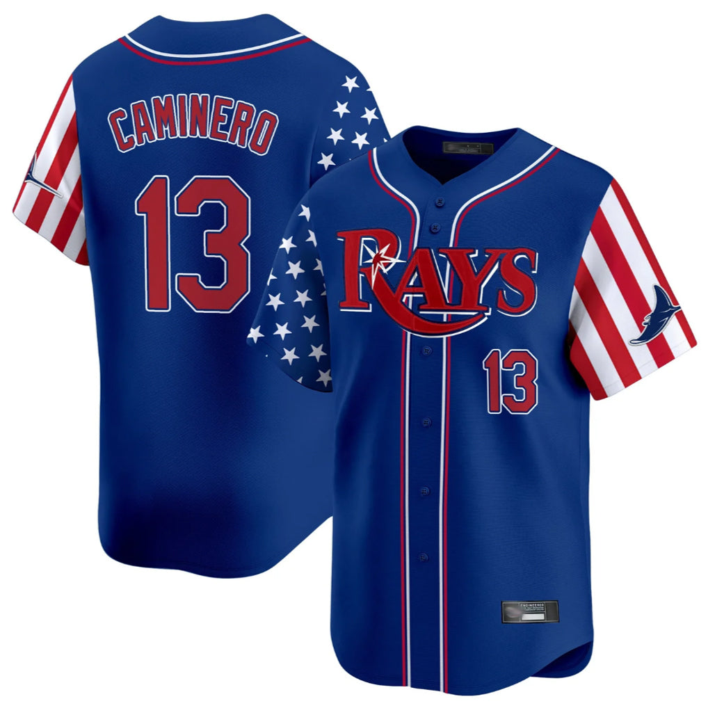 Silnrao T.Bay Rays #13 Junior Caminero Player Royal 2025 Independence Day Vapor Premier Limited Stitched Jerseys