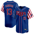 Silnrao T.Bay Rays #13 Junior Caminero Player Royal 2025 Independence Day Vapor Premier Limited Stitched Jerseys
