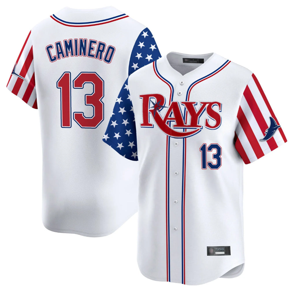 Silnrao T.Bay Rays #13 Junior Caminero Player White 2025 Independence Day Vapor Premier Limited Stitched Jerseys