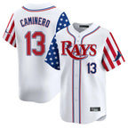 Silnrao T.Bay Rays #13 Junior Caminero Player White 2025 Independence Day Vapor Premier Limited Stitched Jerseys