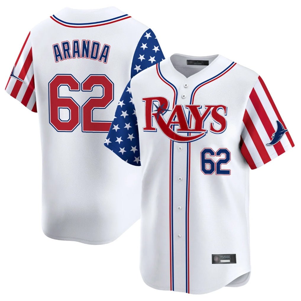 Silnrao T.Bay Rays #62 Jonathan Aranda Player White 2025 Independence Day Vapor Premier Limited Stitched Jerseys