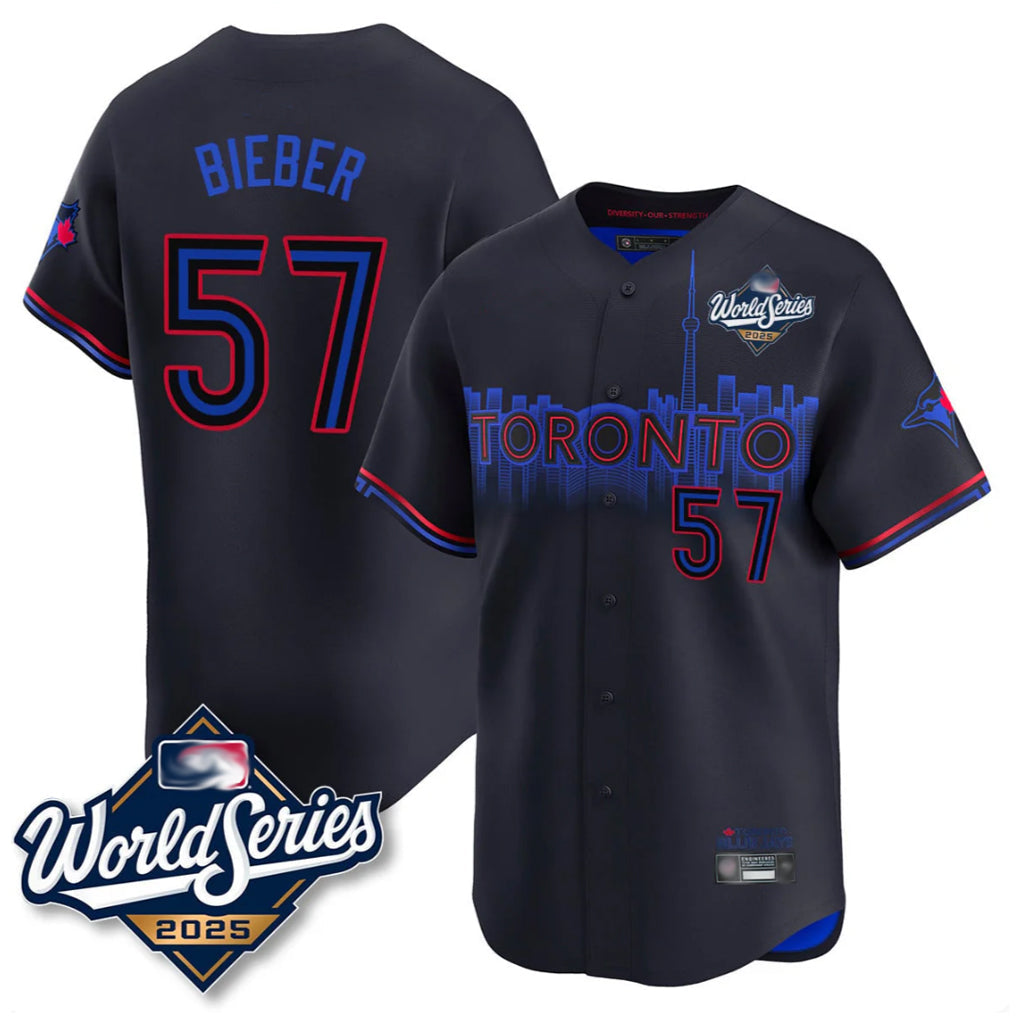 Silnrao T.Blue Jays #57 Shane Bieber Player Black 2025 World Series City Connect All Stitched Jerseys