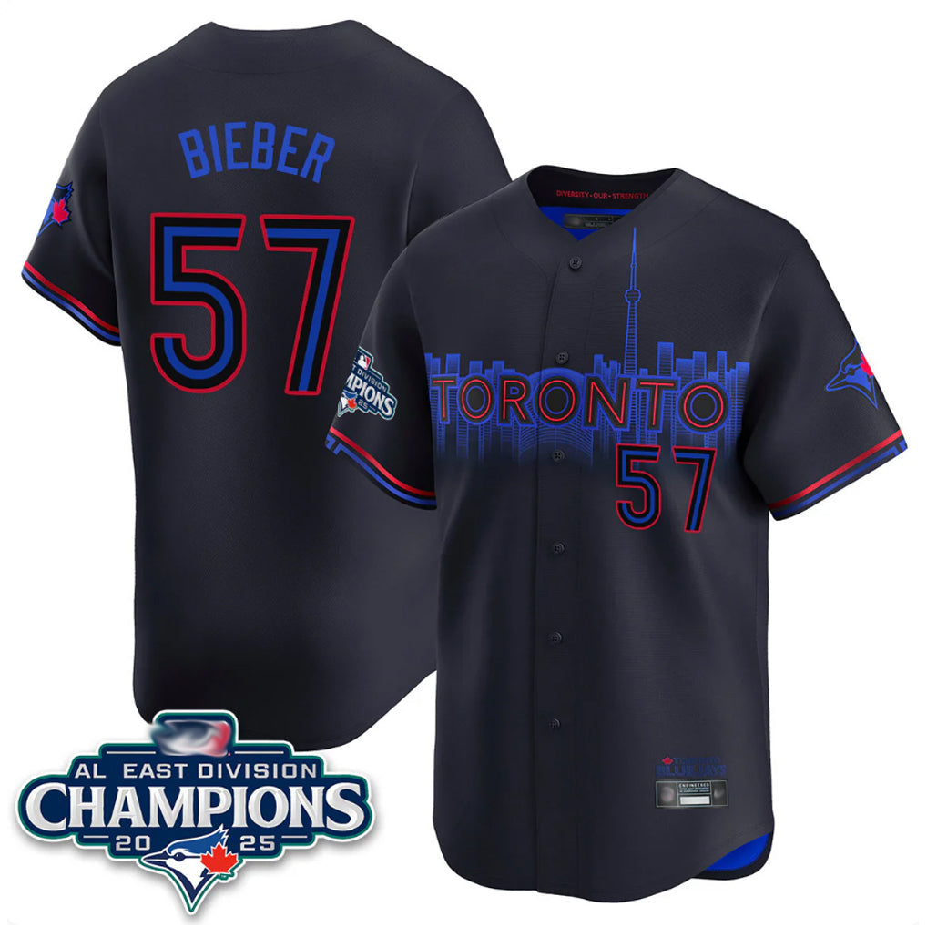 Silnrao T.Blue Jays #57 Shane Bieber Player Black AL East Division City Connect Stitched Jerseys