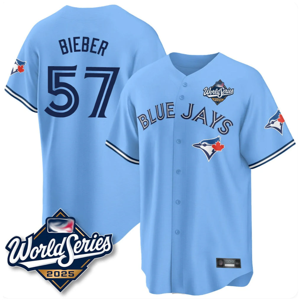 Silnrao T.Blue Jays #57 Shane Bieber Player Blue Home Stitched Jerseys