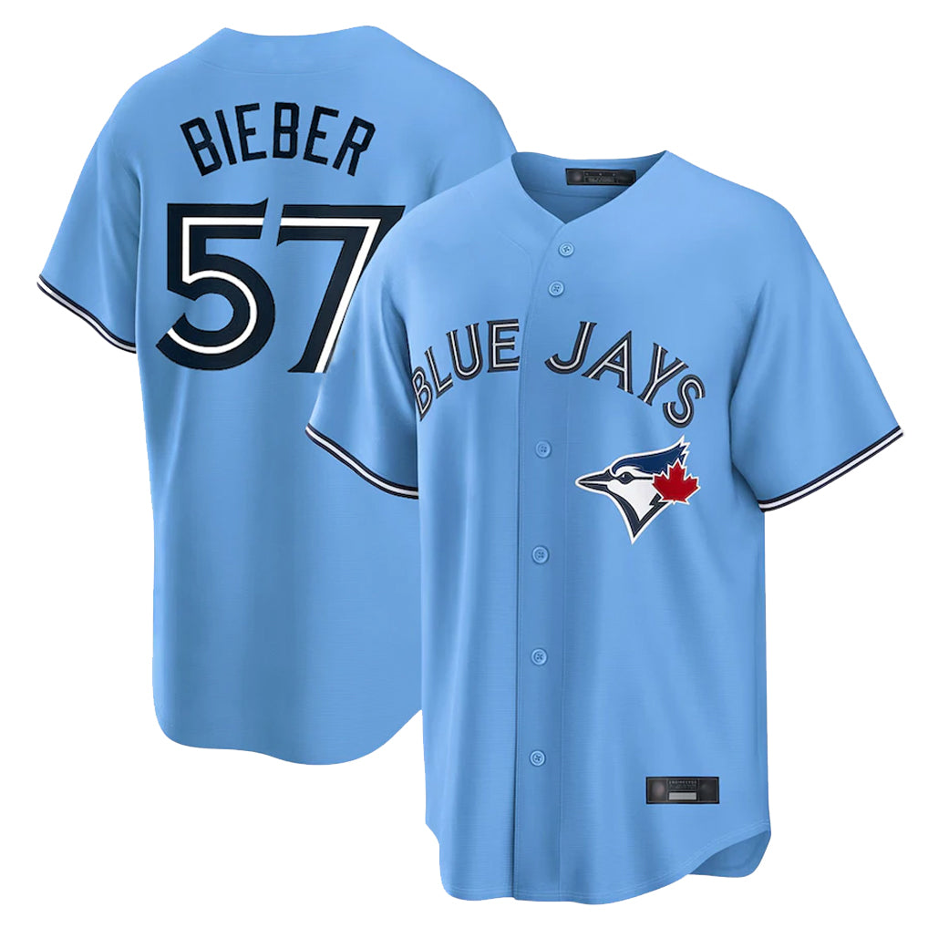 Silnrao T.Blue Jays #57 Shane Bieber Player Blue 2025 World Series All Stitched Jerseys