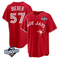 Silnrao T.Blue Jays #57 Shane Bieber Player Red 2025 World Series All Stitched Jerseys