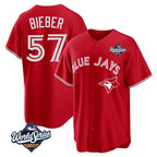 Silnrao T.Blue Jays #57 Shane Bieber Player Red 2025 World Series All Stitched Jerseys