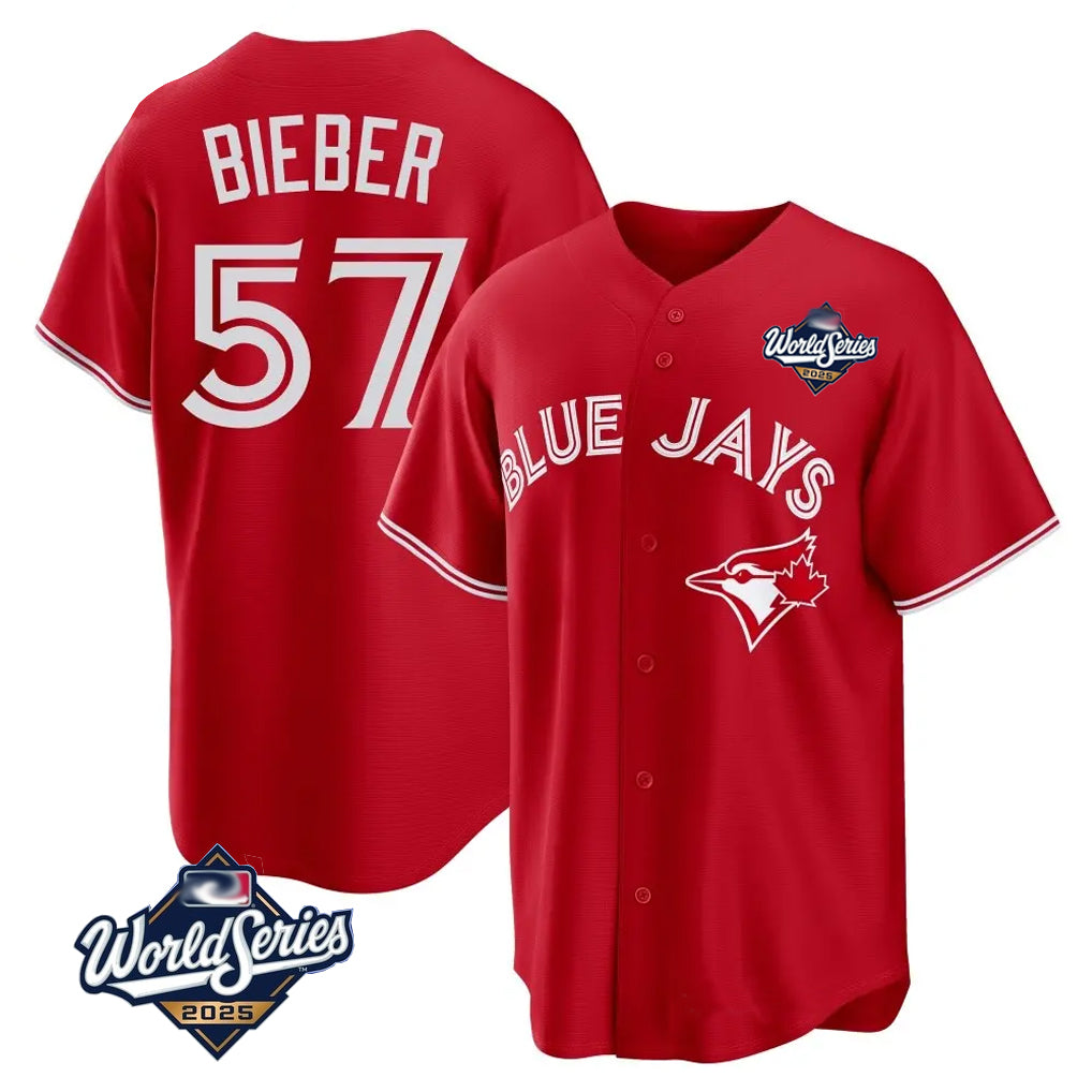 Silnrao T.Blue Jays #57 Shane Bieber Player Red 2025 World Series All Stitched Jerseys